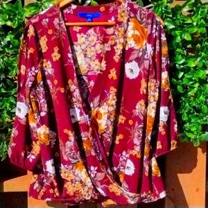 Apt. 9 Maroon Floral Wrapped Waist Blouse Size M
